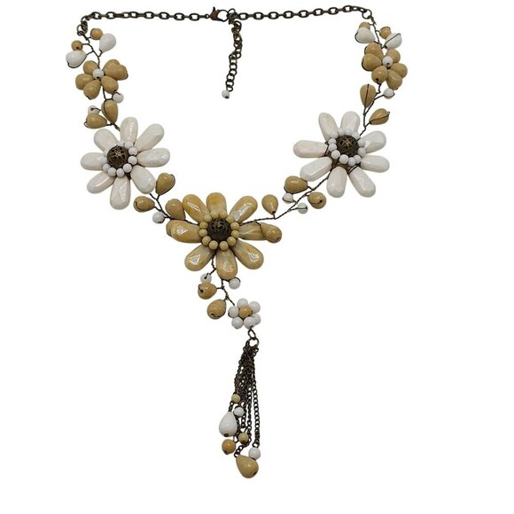 Boho Floral Necklace With Beige  White Polished Stones Chain Tassel Artisan - Picture 1 of 10